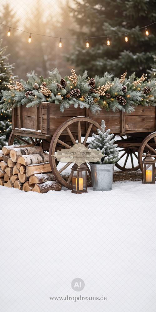 Weihnachts-Kombidrop Winter Wagon mit Holzwagen, Tannenzweigen und Laternen in Naturbraun und Creme von Drop-Dreams